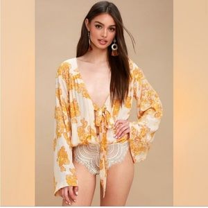 Intimately Free People Forties Feels Yellow Floral Print Tie Font Bodysuit XS